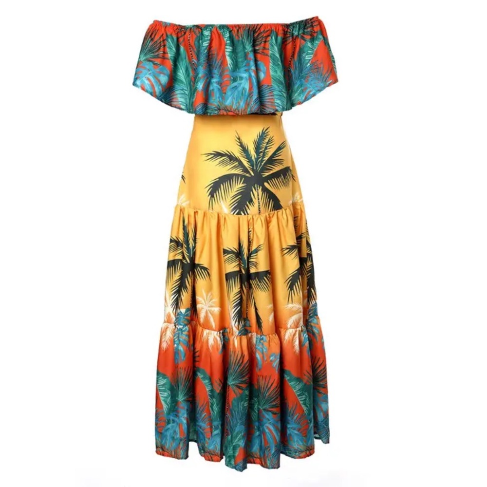 Chicme Off Shoulder Tropical Print Ruffles Maxi Dress With Belt - Picture 3 of 5